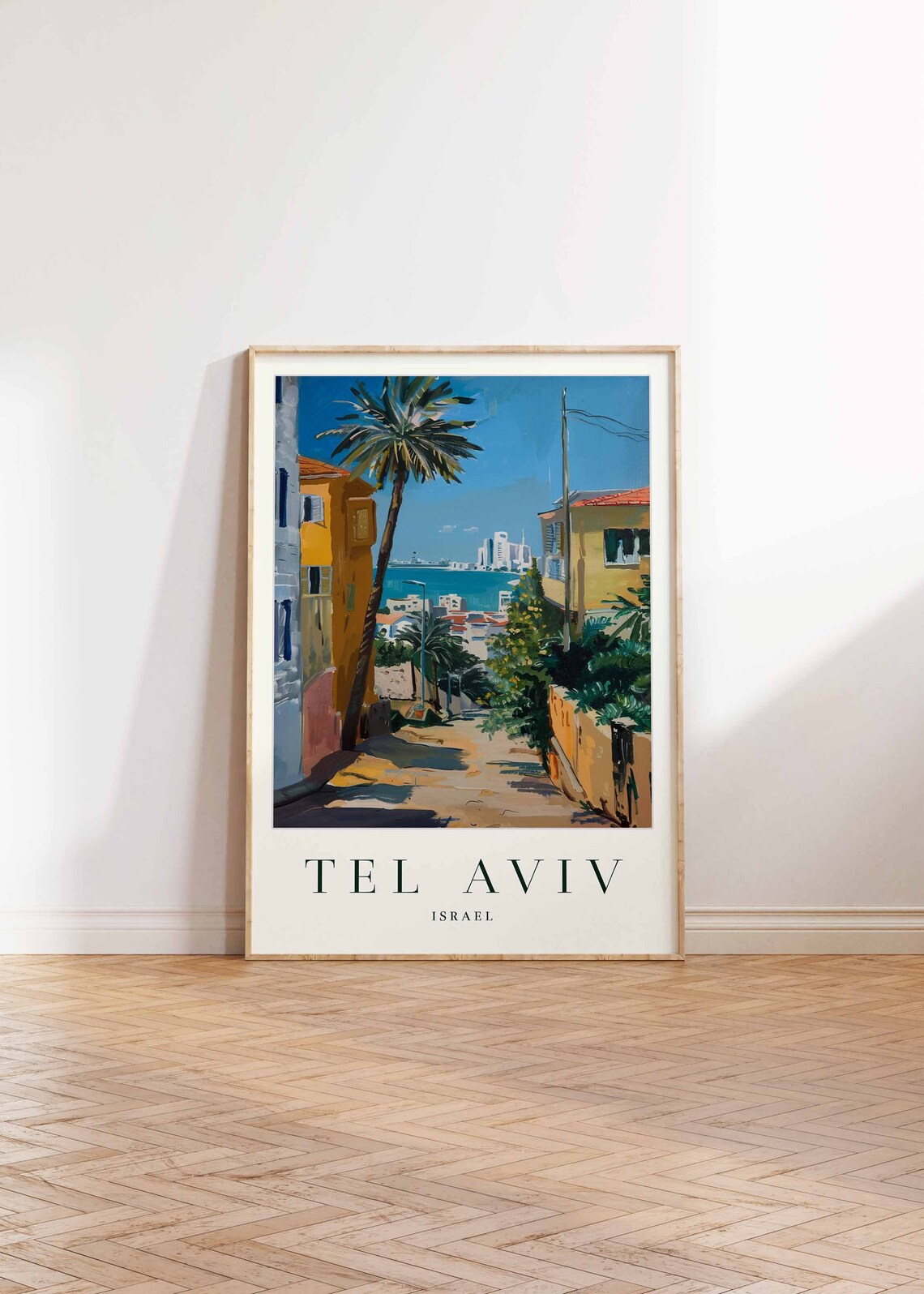 Tel Aviv Israel Travel Poster Palm Alley Sea View City Skyline Art - Image 2