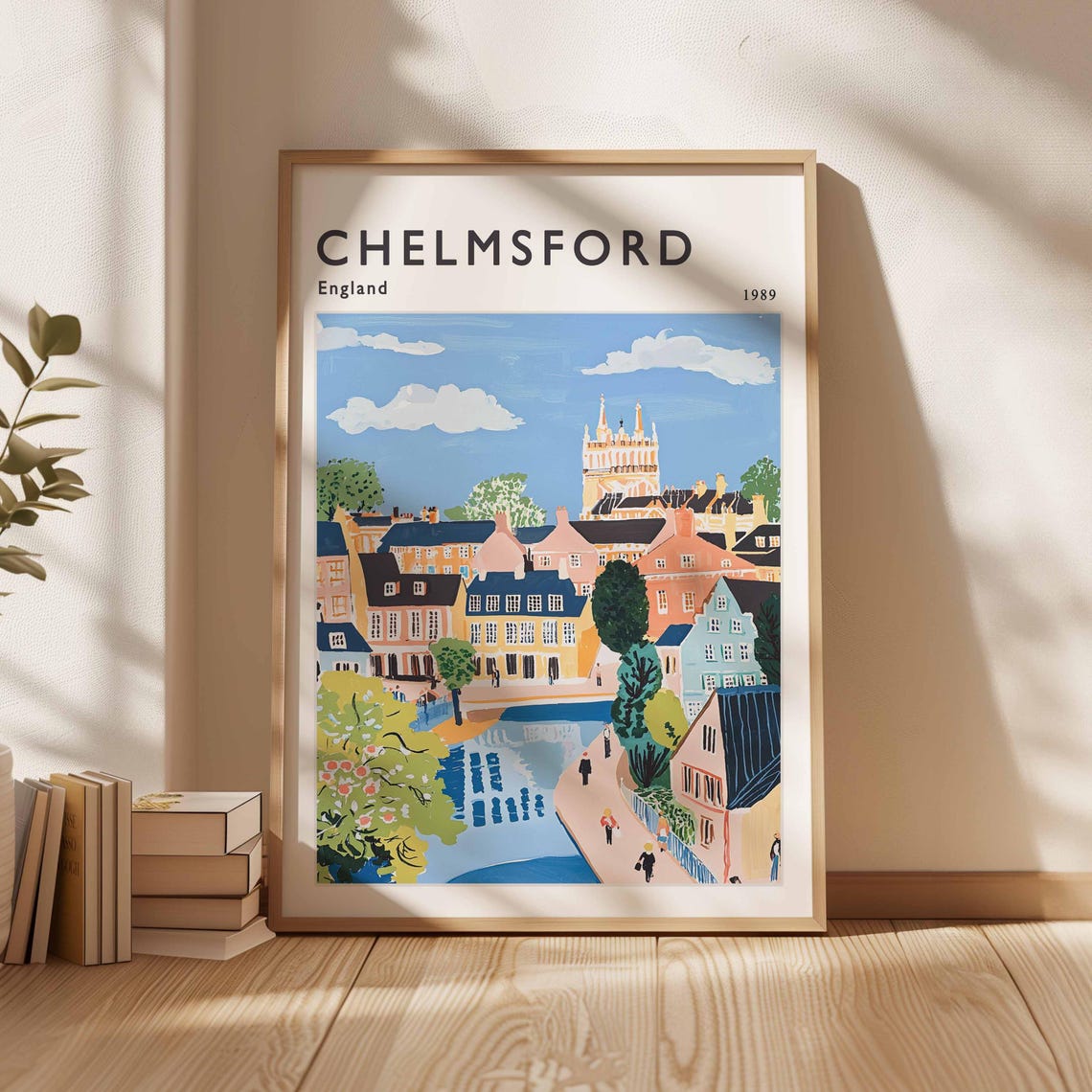 Chelmsford England 1989 Riverside Street Scene Travel Poster