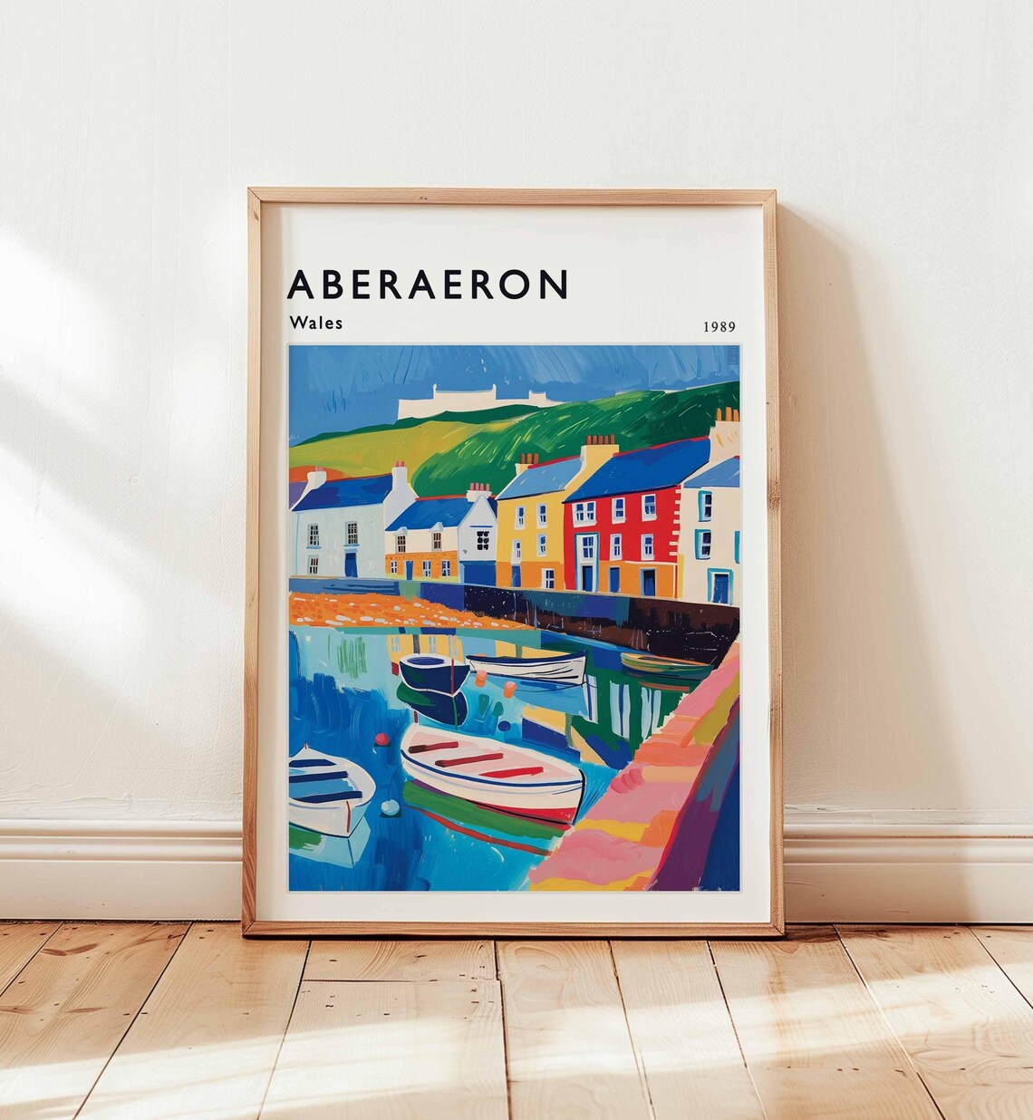 Aberaeron Wales 1989 Fishing Boats Harbor Scene Travel Poster