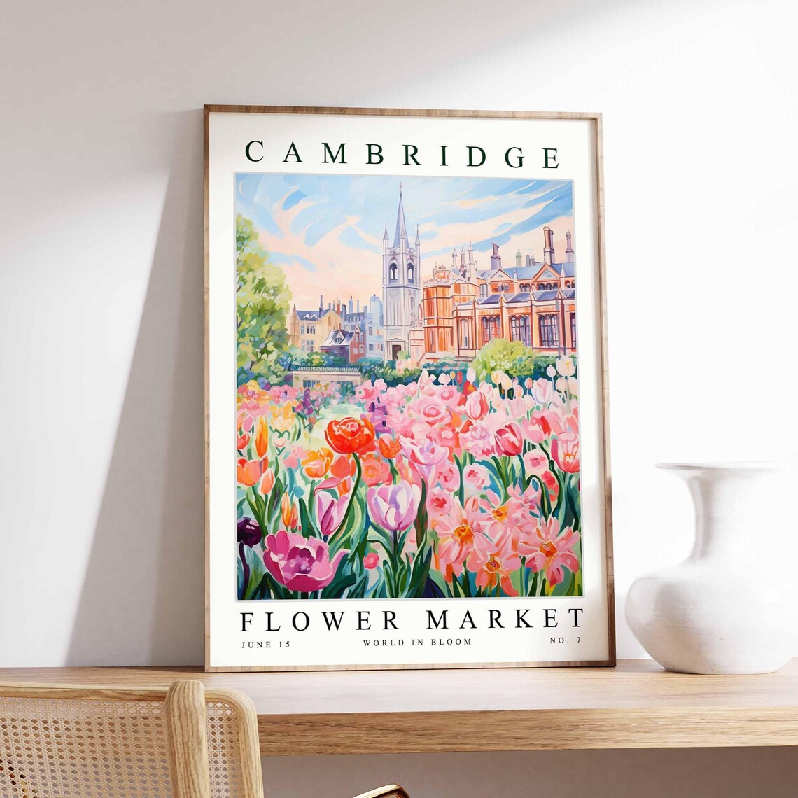 Cambridge Flower Market Pastel Tulip Field With College Tower Poster
