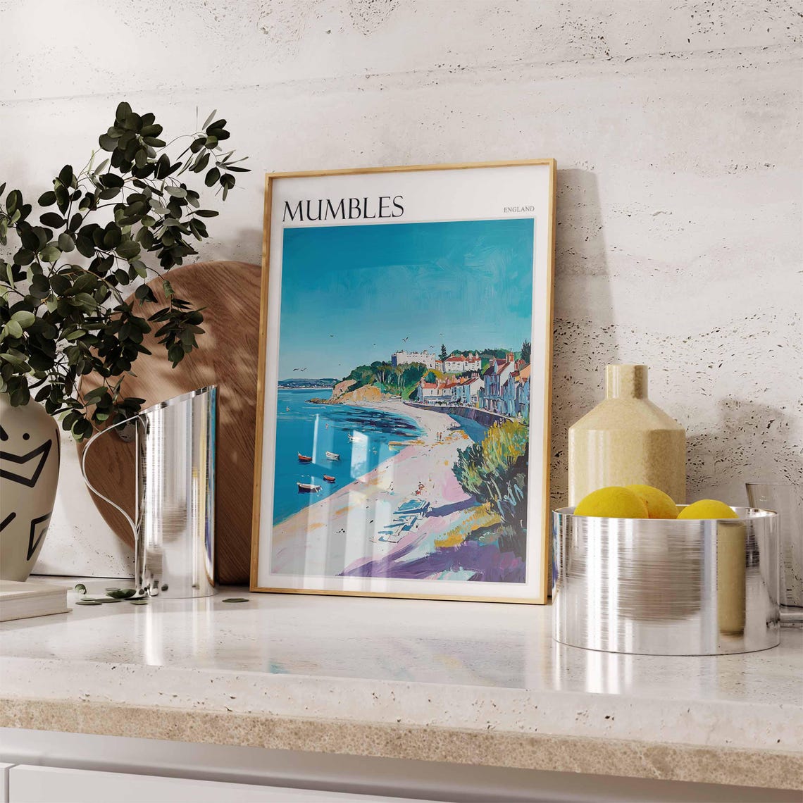 Mumbles Colorful Seaside Cliffside Beach England Travel Poster - Image 2