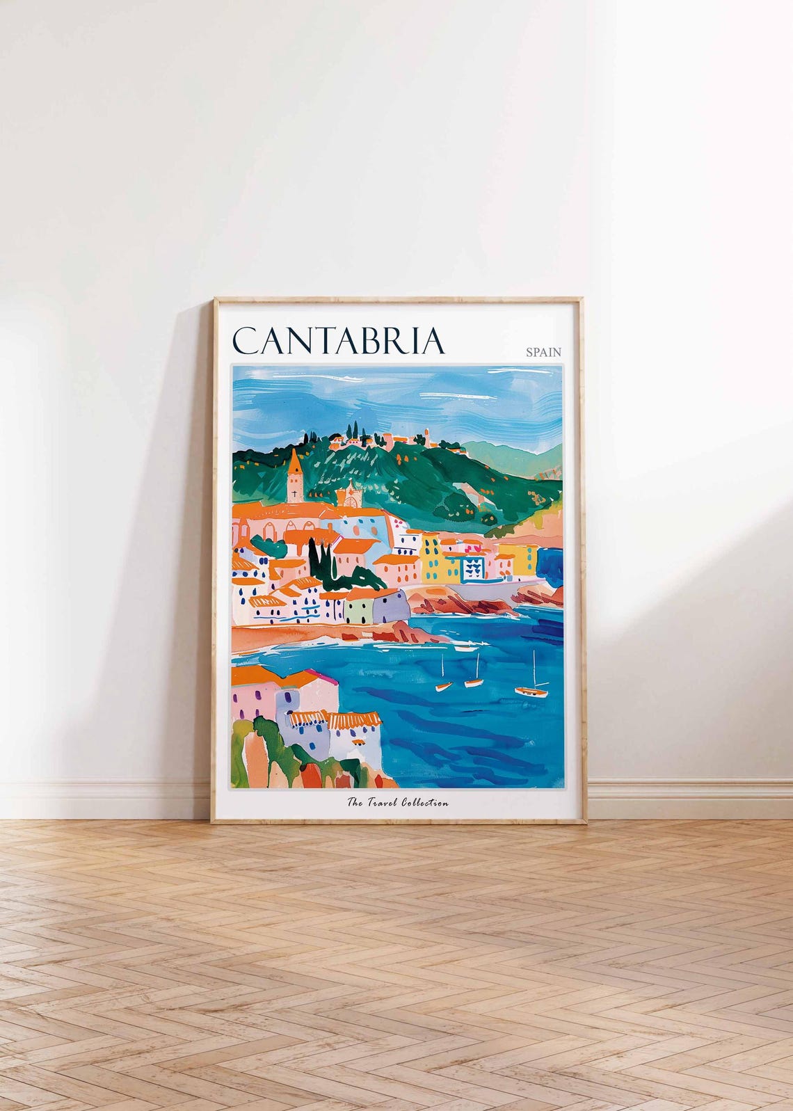 Cantabria Colorful Harbor Town Green Hillside Spain Travel Poster - Image 2