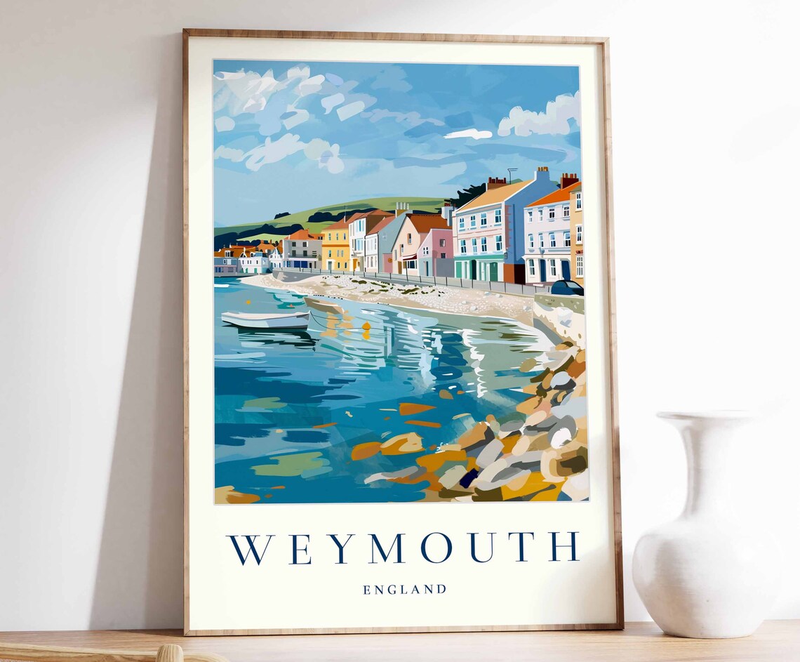 Weymouth England Travel Poster Harbor Shore Pastel Cottages Boat Art