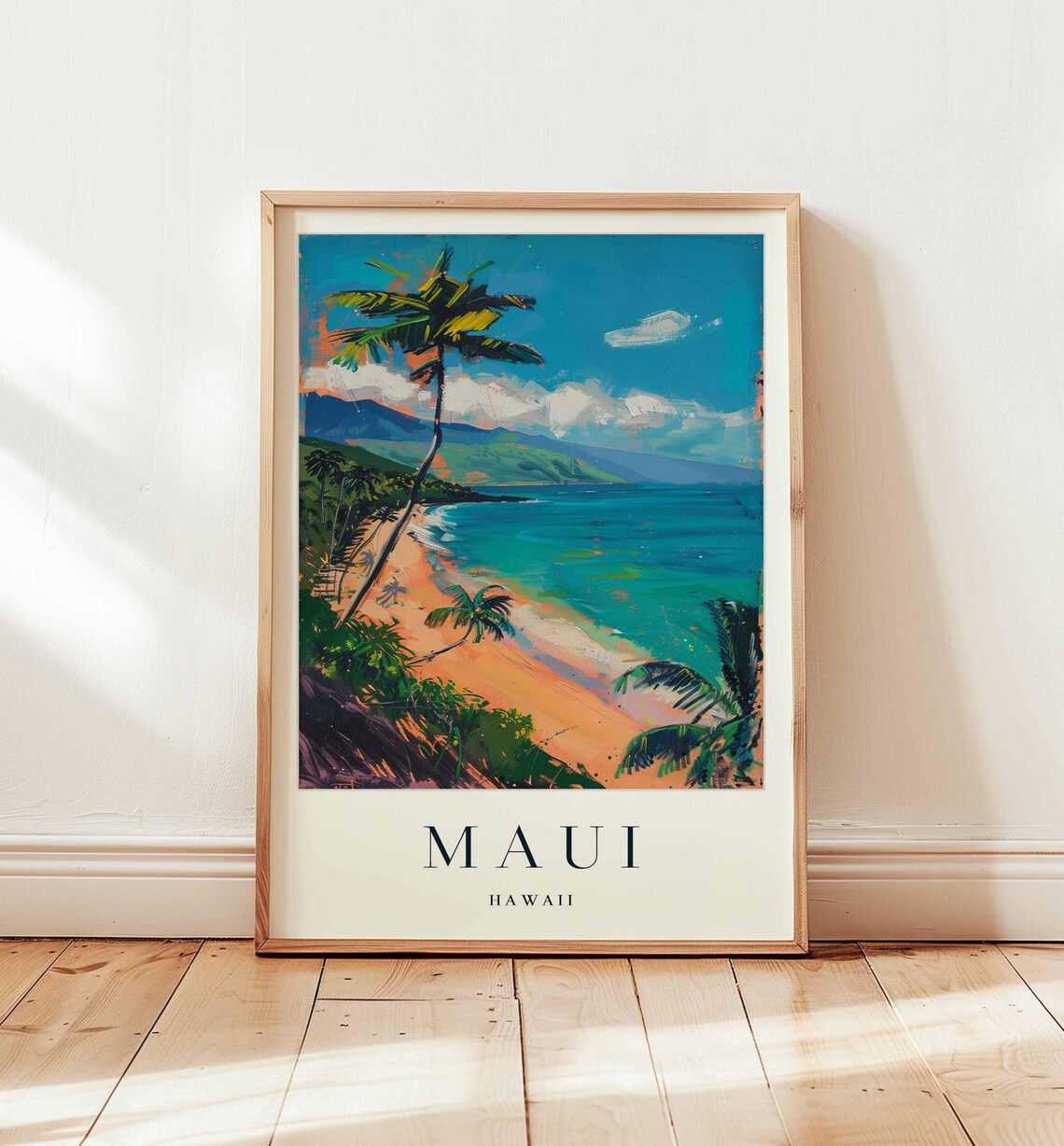 Maui Hawaii Sandy Bay With Turquoise Ocean and Palms Travel Poster
