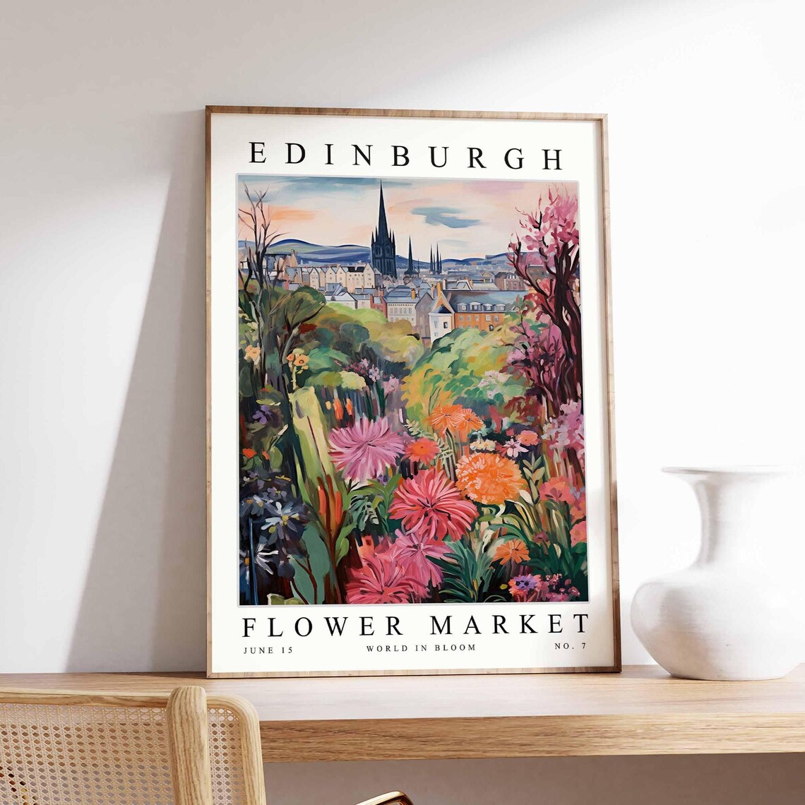 Edinburgh Flower Market Blooming Old City Spires Skyline Poster