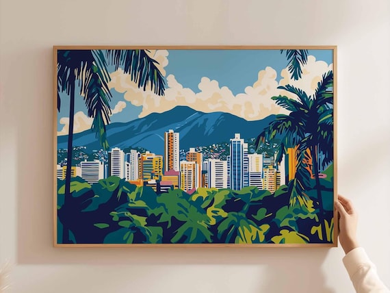 Caracas City Skyline Mountain Backdrop Palm Trees Scenic Art Poster