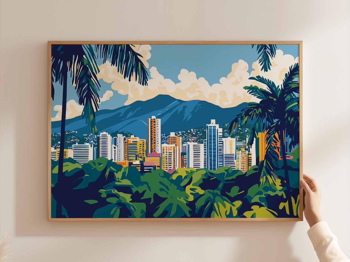 Caracas City Skyline Mountain Backdrop Palm Trees Scenic Art Poster