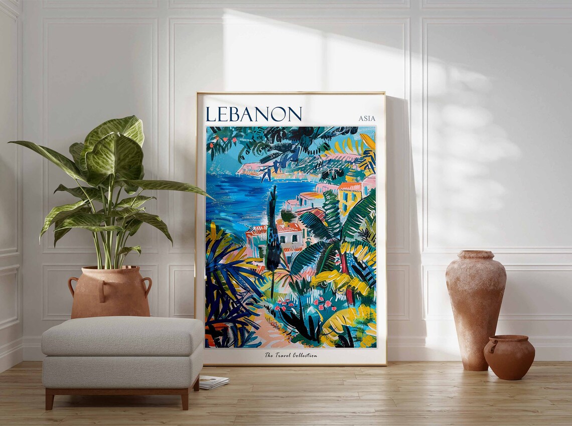 Lebanon Asia Coastal Hillside Travel Poster Palm Village Sea Art - Image 2