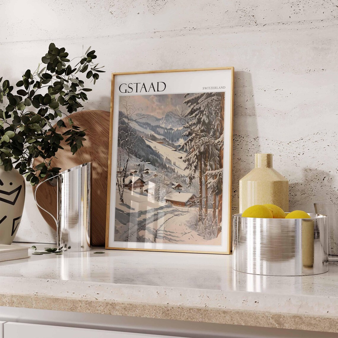 Gstaad Switzerland Sepia Vintage Village Winter Ski Scene Poster - Image 2