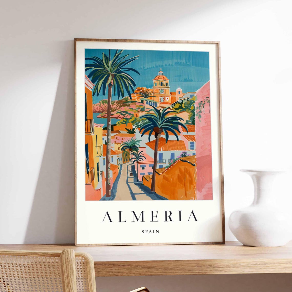 Almeria Spain Palm Lined Old Town With Cathedral Travel Poster