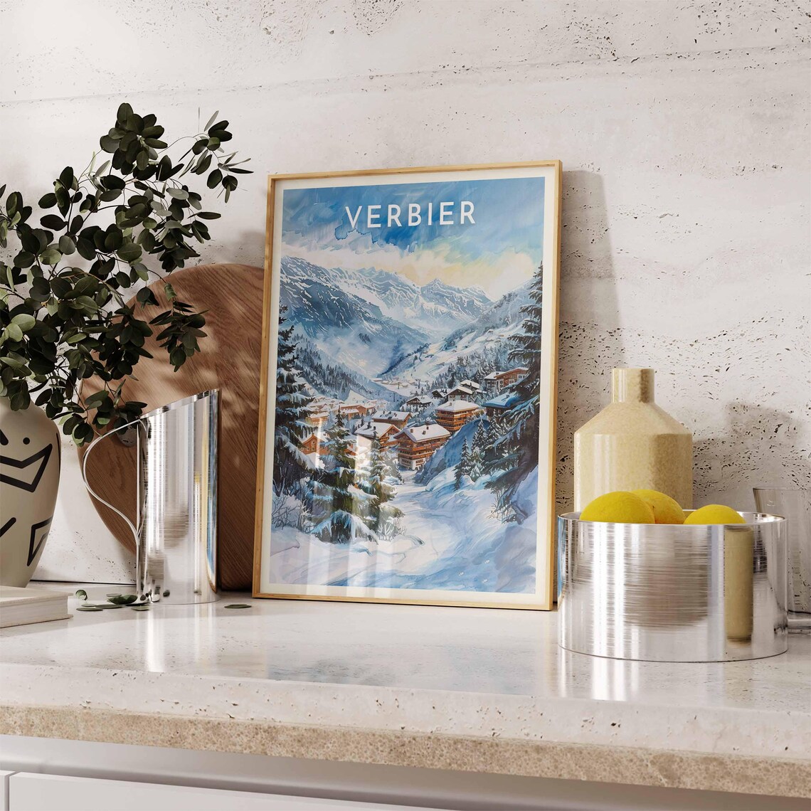 Verbier Switzerland Valley View Watercolor Winter Travel Poster - Image 2