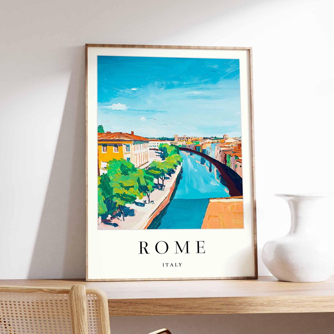 Rome Italy Bright River Tiber Embankment Tree Lined City View Travel Poster