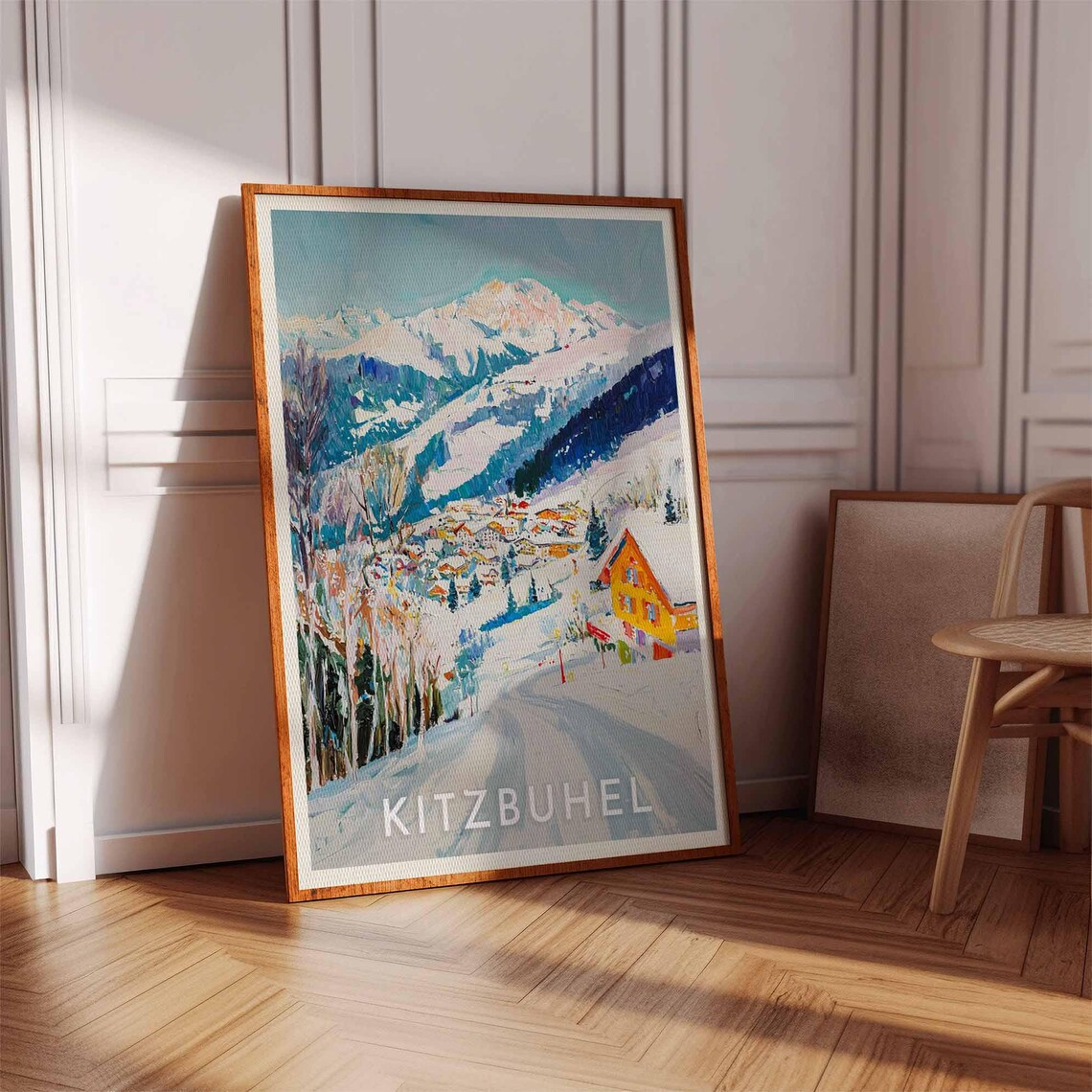 Kitzbuhel Austria Painterly Snowy Road Yellow Chalet Travel Poster - Image 2