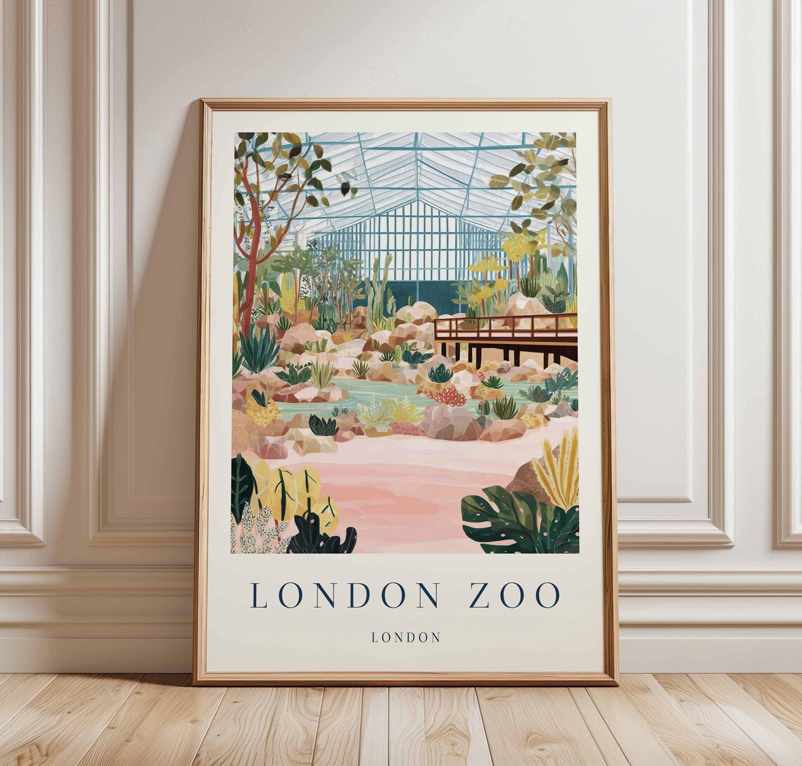 London Zoo Vintage Travel Poster Desert Garden Glasshouse Scene
