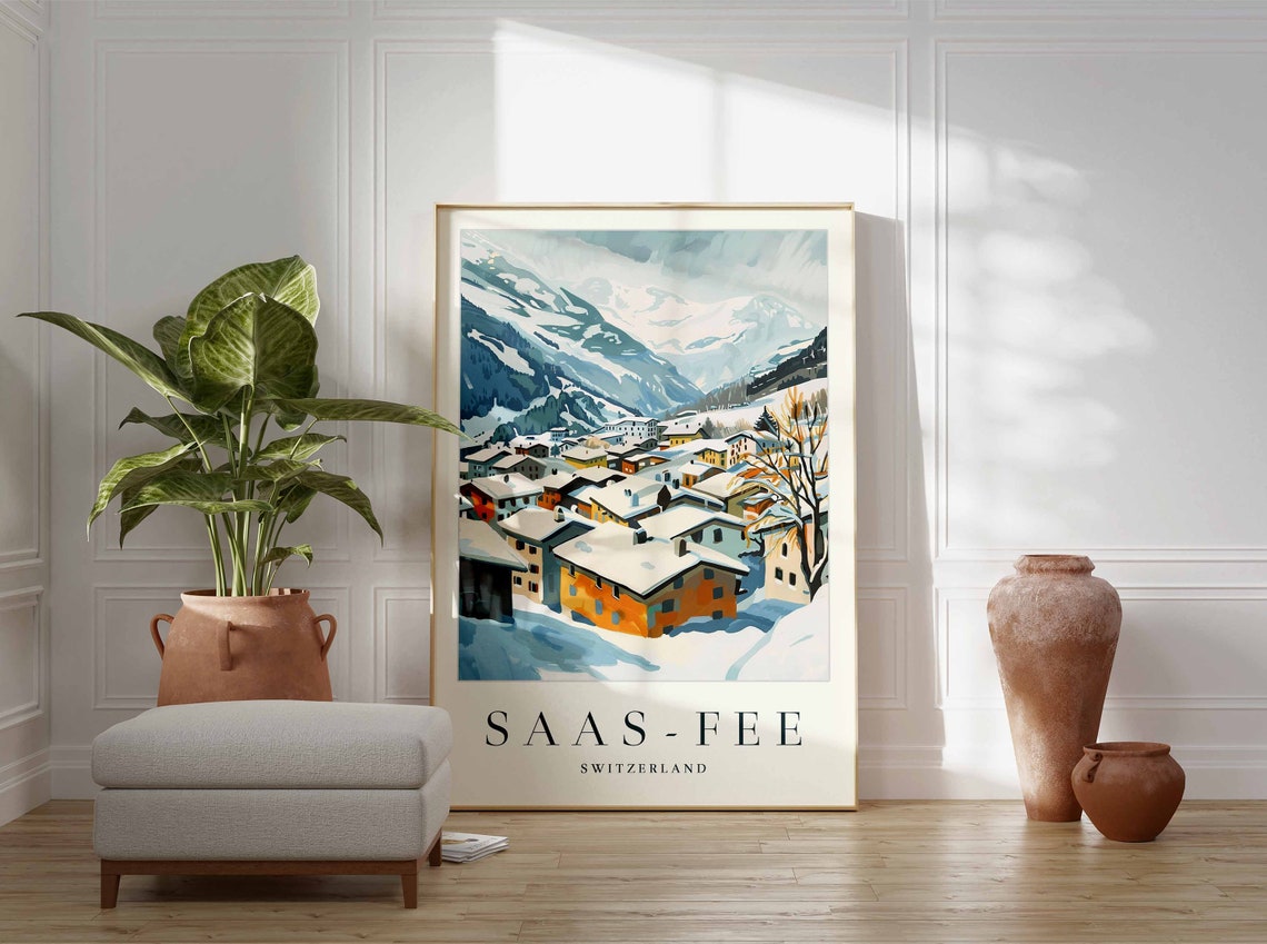Saas Fee Switzerland Snow Rooftops Alpine Valley Winter Scene Poster - Image 3