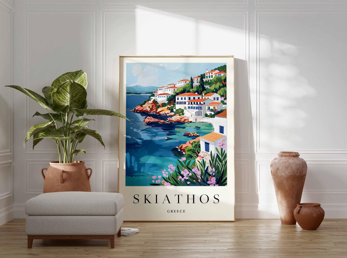 Skiathos Greece Cypress Topped Bay Town with Fishing Boats Poster - Image 4