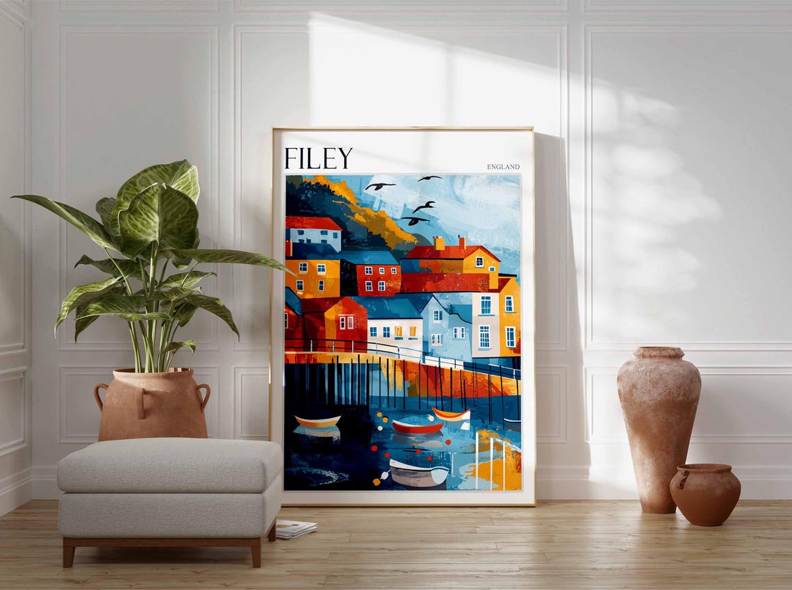 Filey England Night Harbor Boats Expressionist Red Blue Poster - Image 3