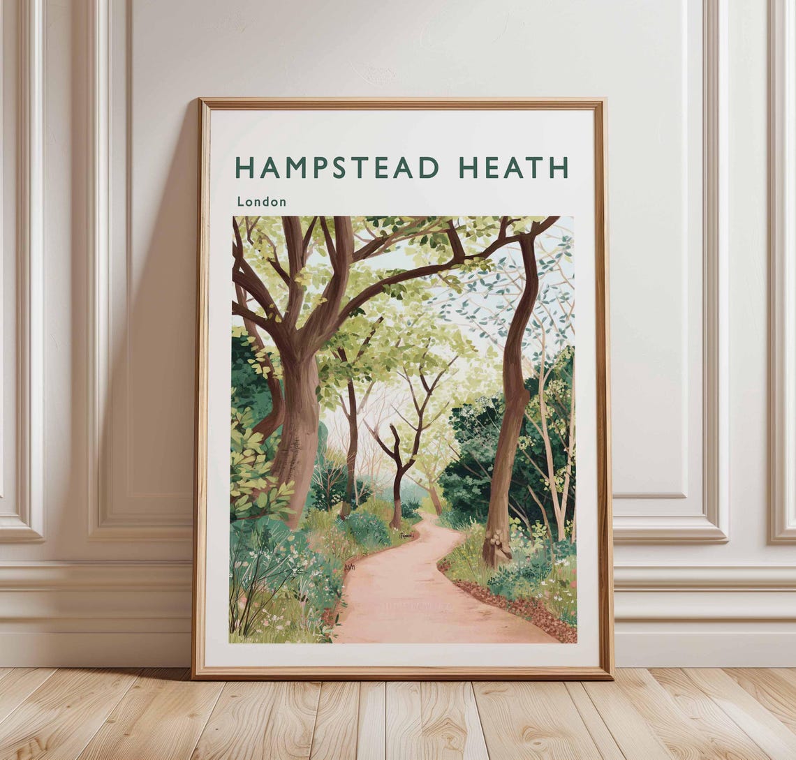 Hampstead Heath London Travel Poster Tall Forest Trees Path Artwork