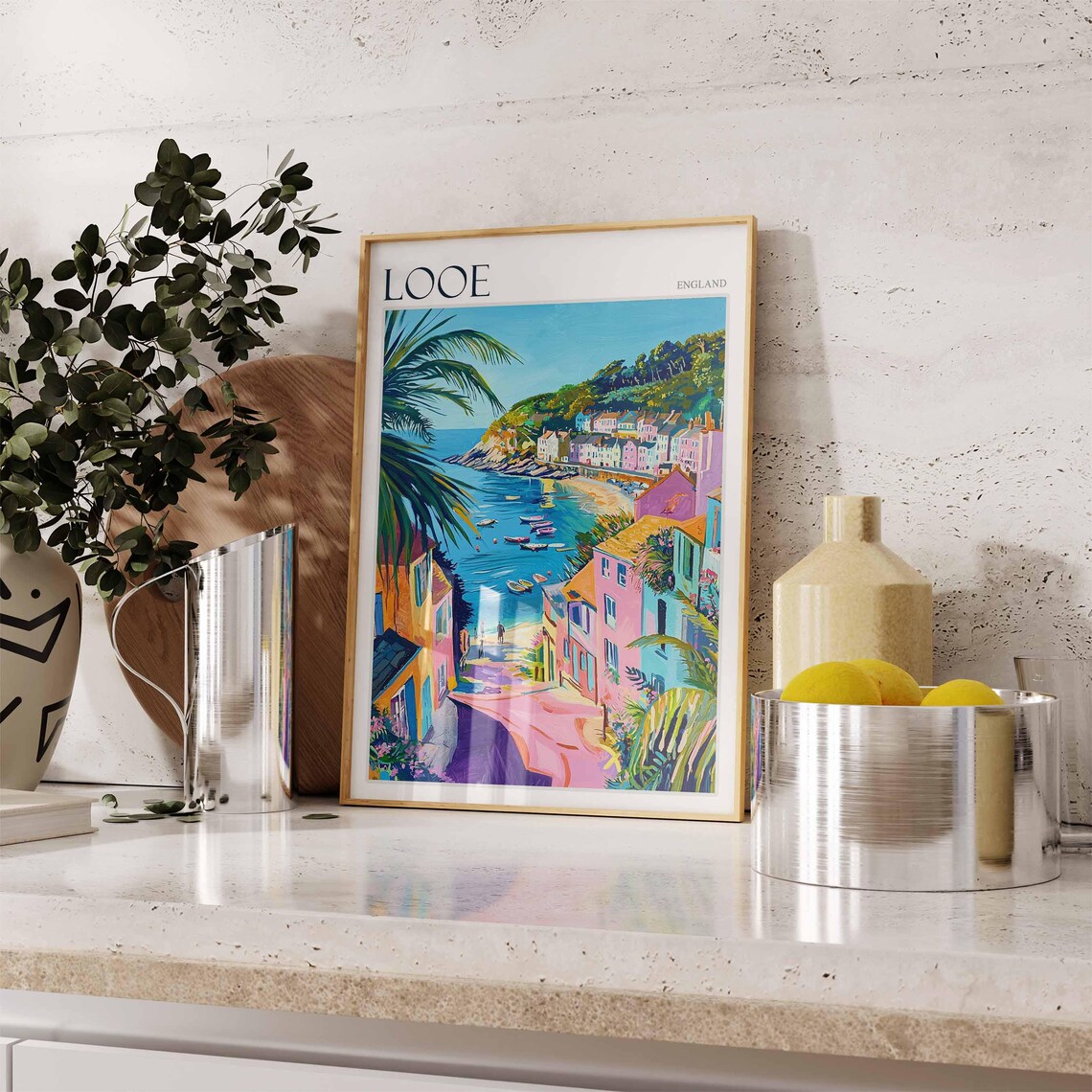 Looe England Steep Lane Palm Tree Pink Buildings Harbor View Poster - Image 2