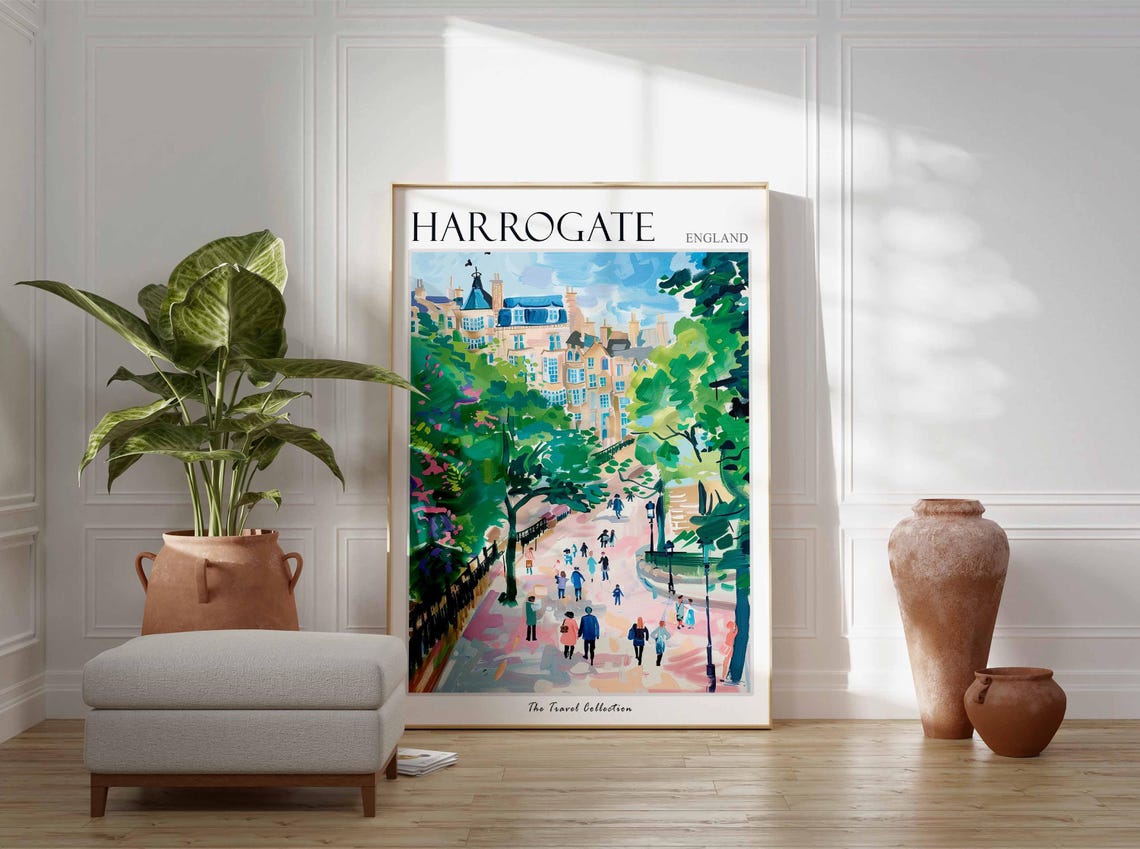 Harrogate England Travel Poster Park Walkway People and Trees View - Image 2