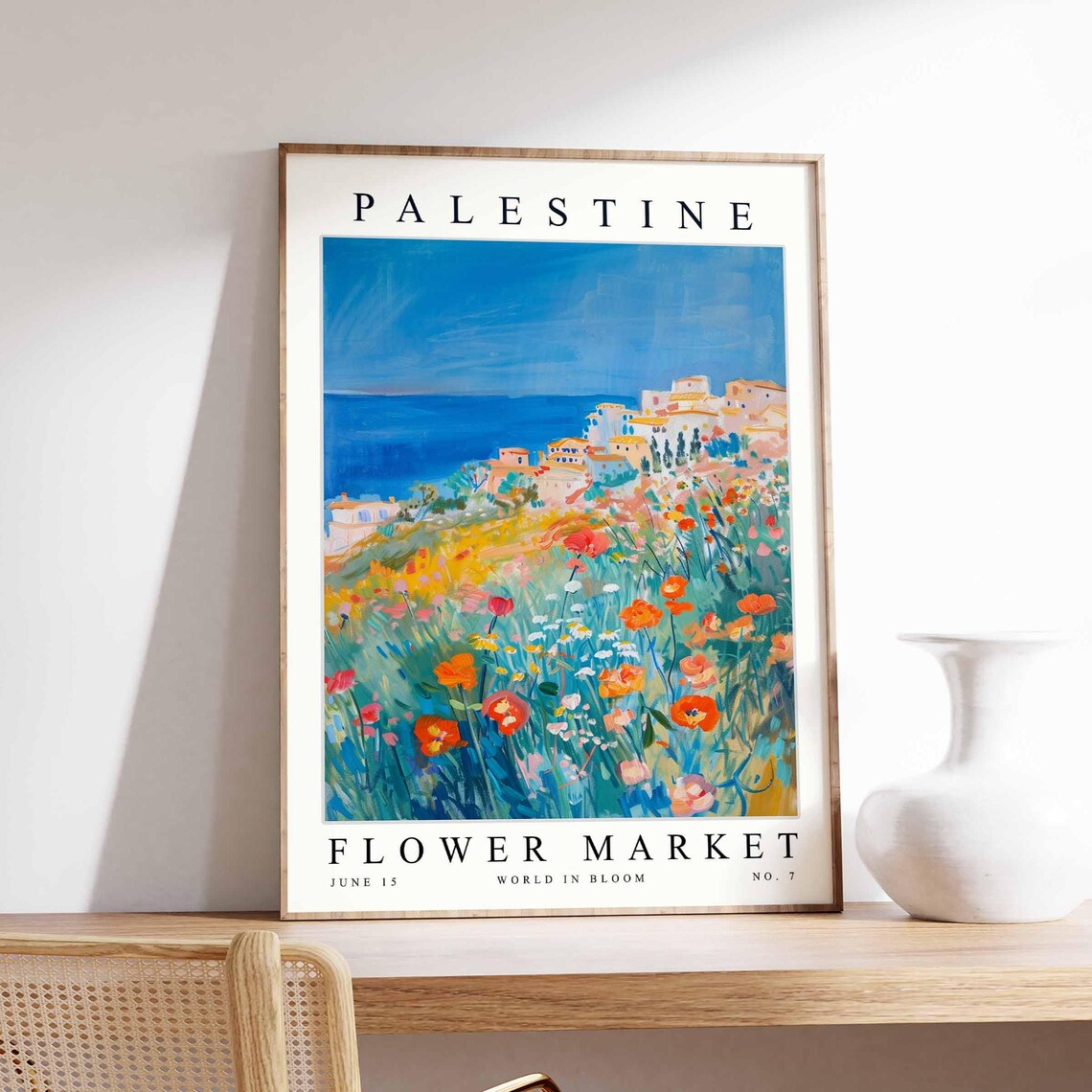 Palestine Flower Market Coastal Town with Poppy Field Art Poster