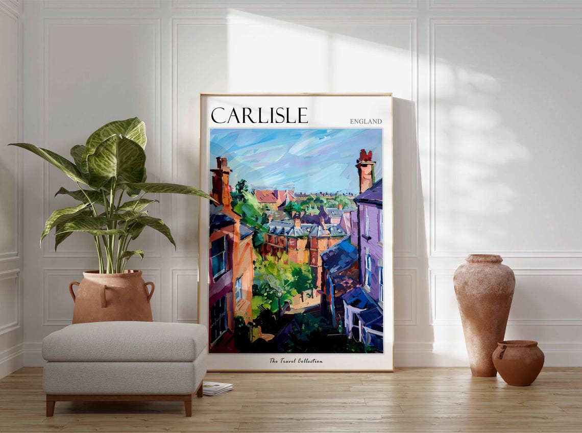 Carlisle England Colorful Rooftops Chimneys Skyline Painting Poster - Image 2