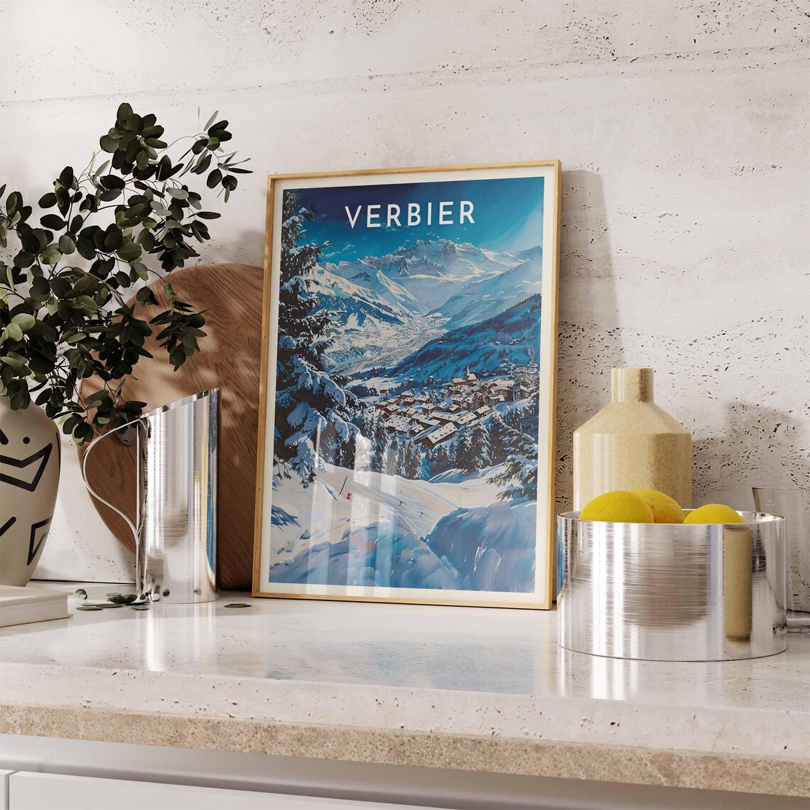 Verbier Switzerland Deep Blue Valley Skiers Alpine Travel Poster - Image 2