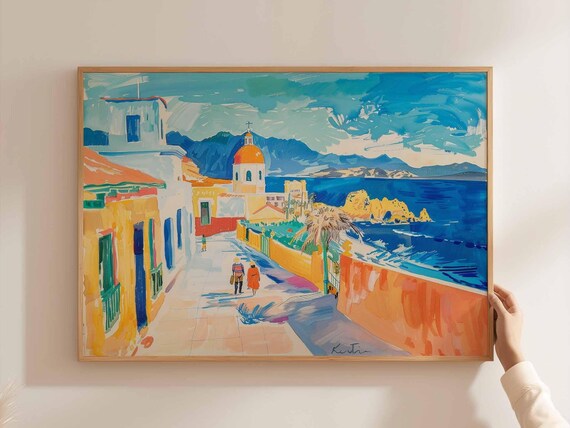 Chile Painted Seaside Promenade Domed Church Figures Scenic Art Poster