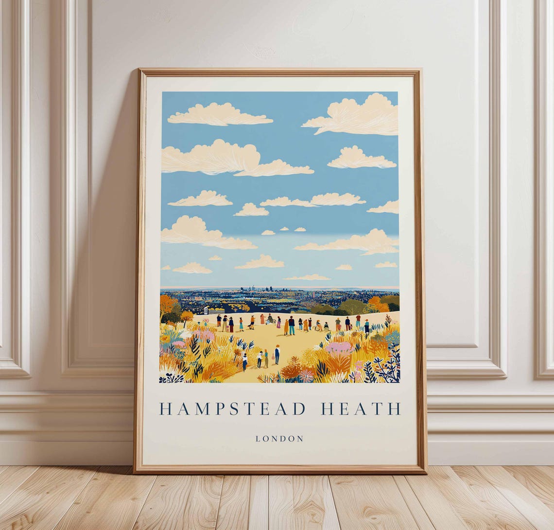 Hampstead Heath London Travel Poster City Skyline Cloudy Sky Artwork