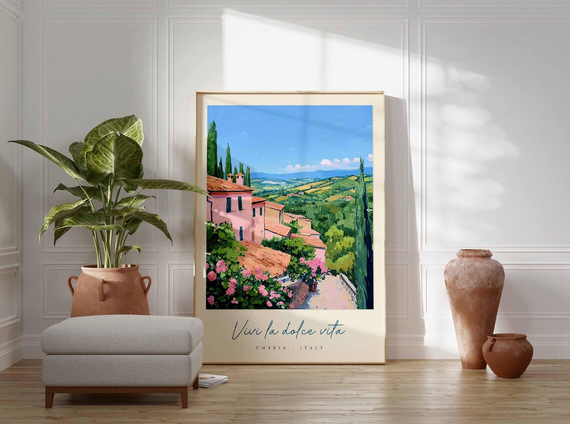 Umbria Italy Pink Village Houses Flower Terrace Valley View Poster - Image 3