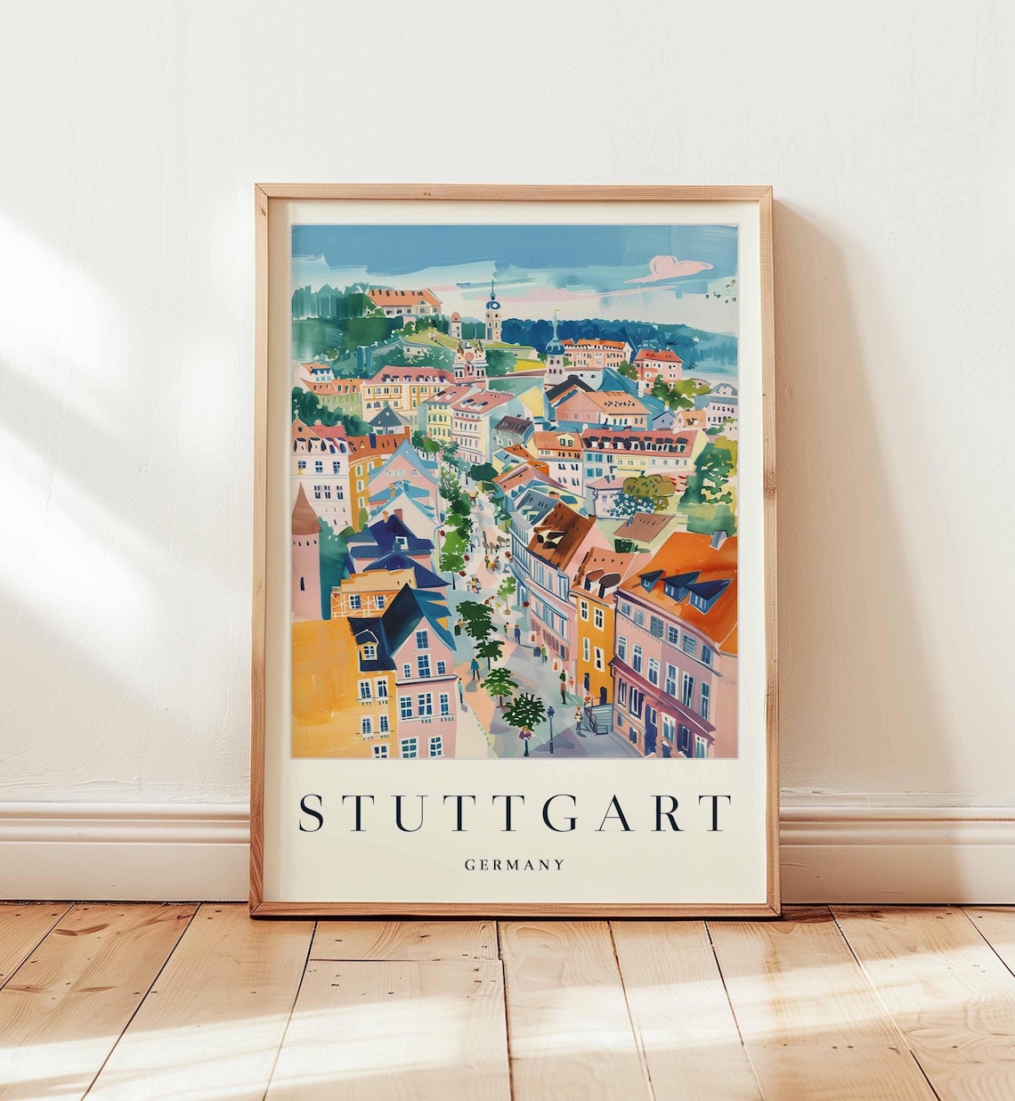 Stuttgart Germany Colorful Cityscape Hills Watercolor Travel Poster