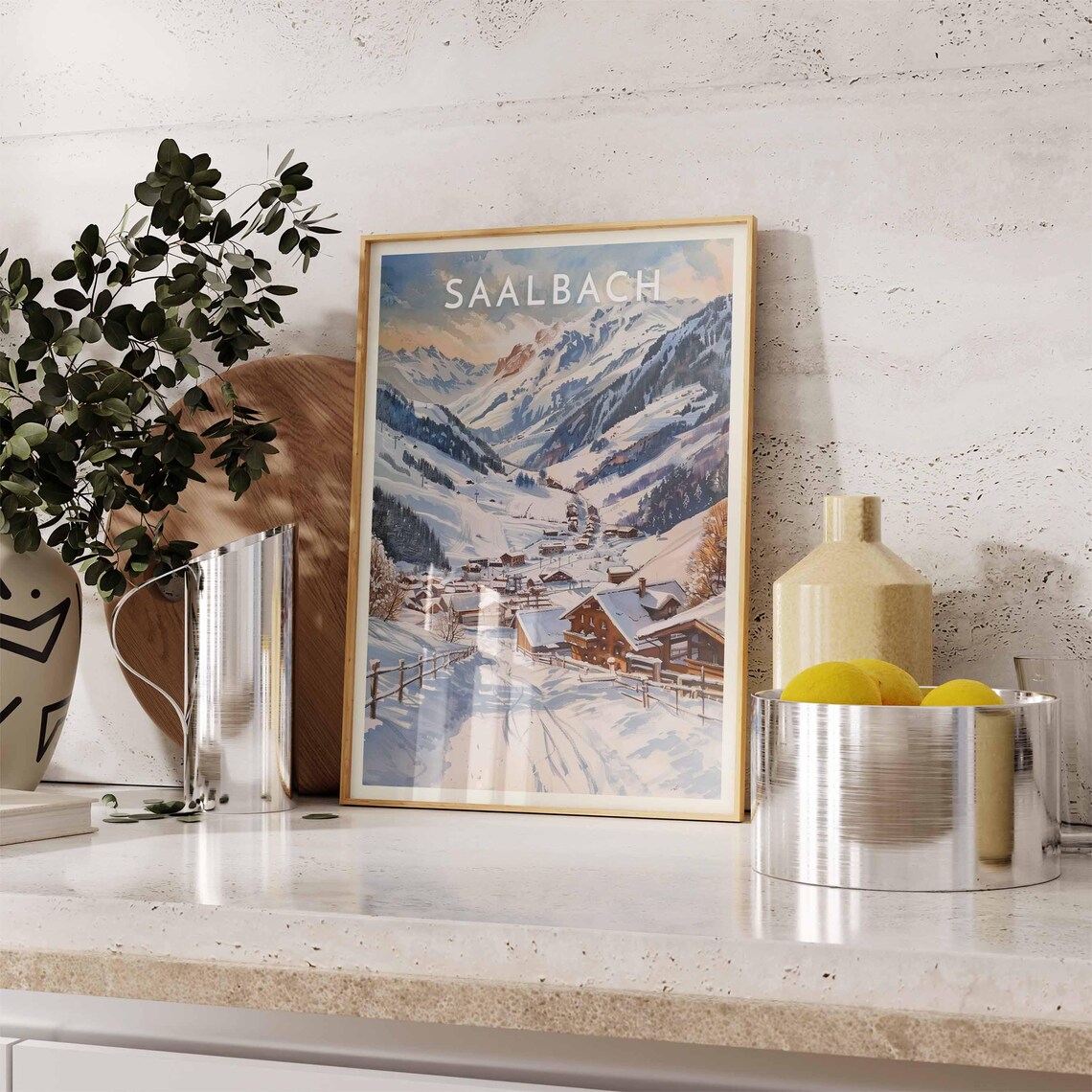 Saalbach Austria Sunset Watercolor Alpine Chalet Slopes Poster - Image 2