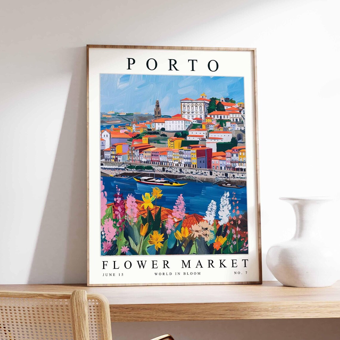 Porto Douro River Boat Colorful House Pink Garden Floral Travel Poster