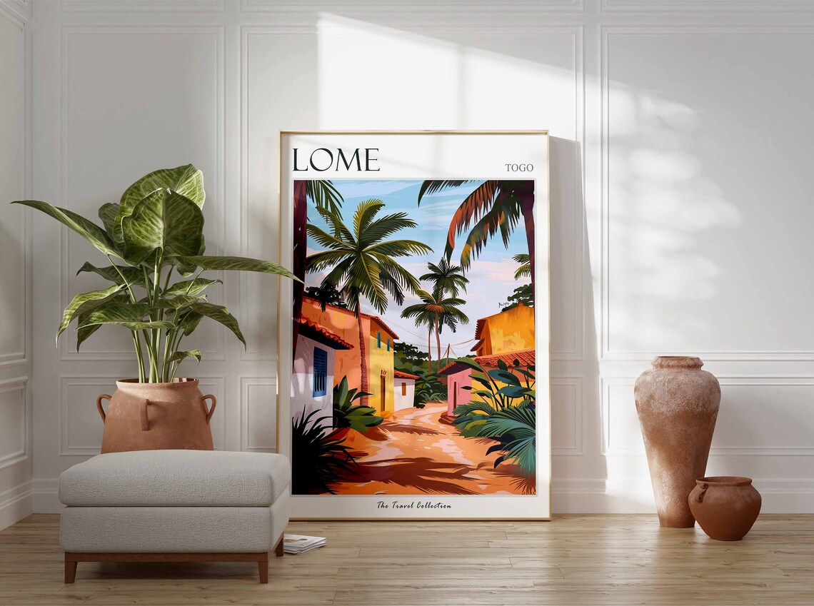Lome Togo Tropical Palm Street Colorful Village Art Travel Poster - Image 2