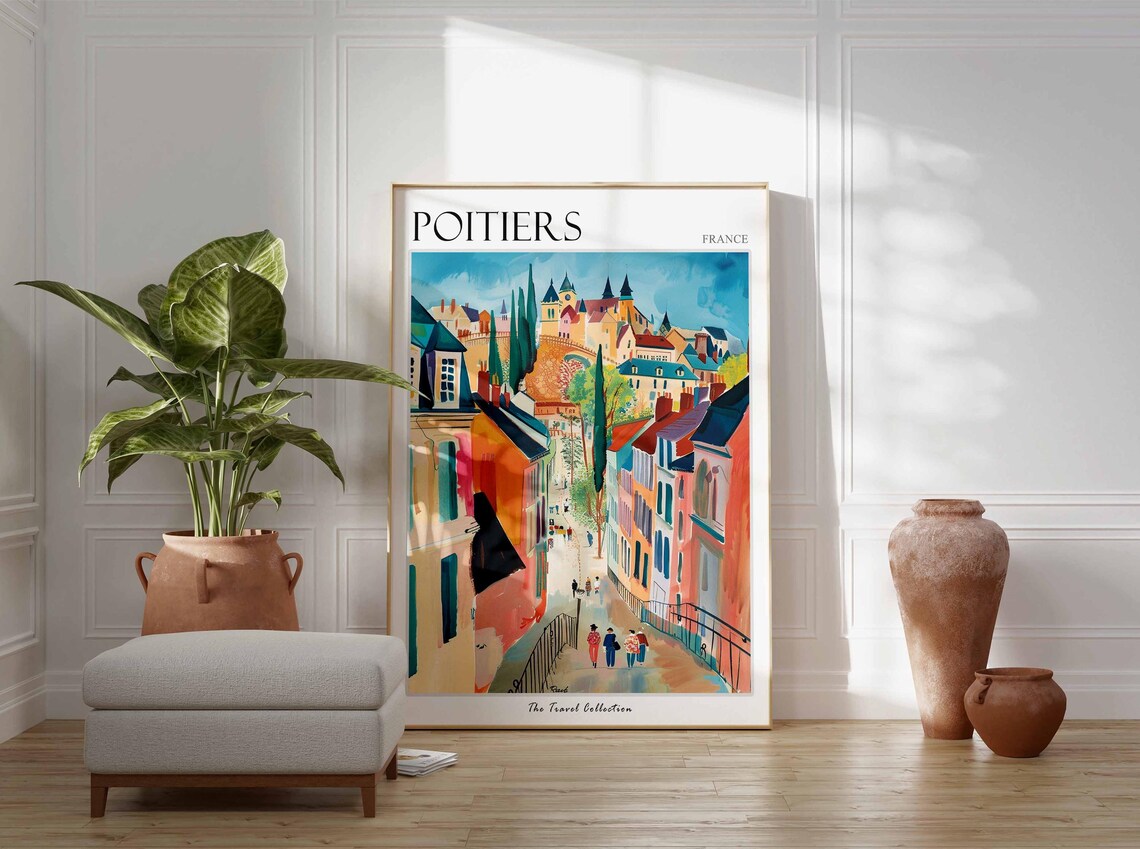 Poitiers France Colorful Steep Old Street Hilltop Church Poster - Image 3