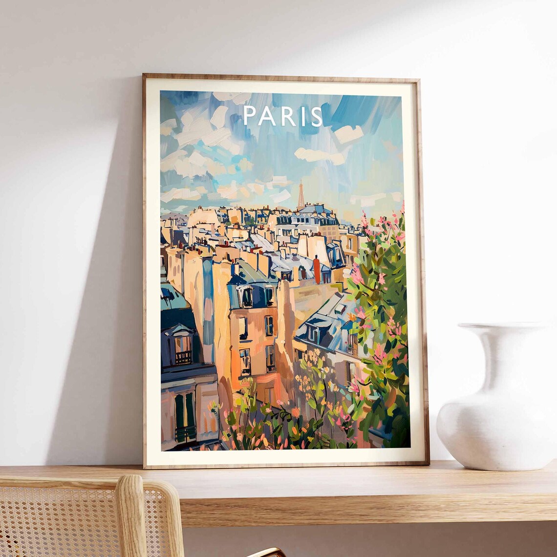Paris France Rooftop Panorama With Flowering Gardens Travel Poster
