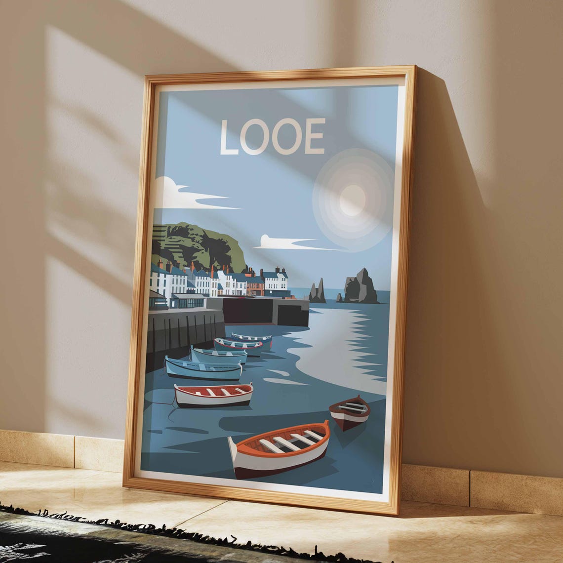 Looe England Cornwall Moonlit Harbor Stone Pier Retro Travel Poster - Image 2