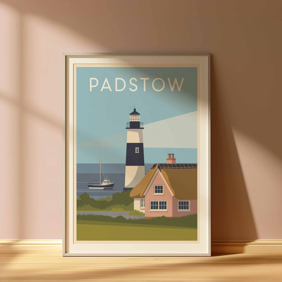 Padstow England Coastal Lighthouse Thatched Cottage Travel Poster - Image 3