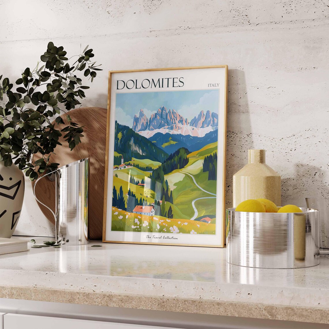 Dolomites Italy Jagged Peaks Alpine Meadows Village Church Poster - Image 2