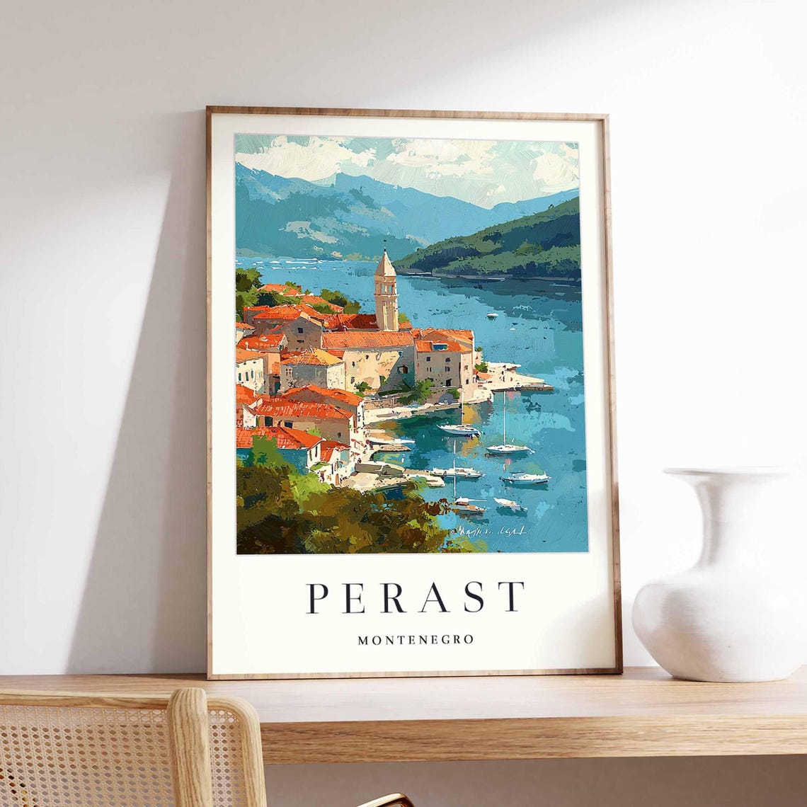Perast Montenegro Waterfront Bell Tower Sailboats Bay View Poster