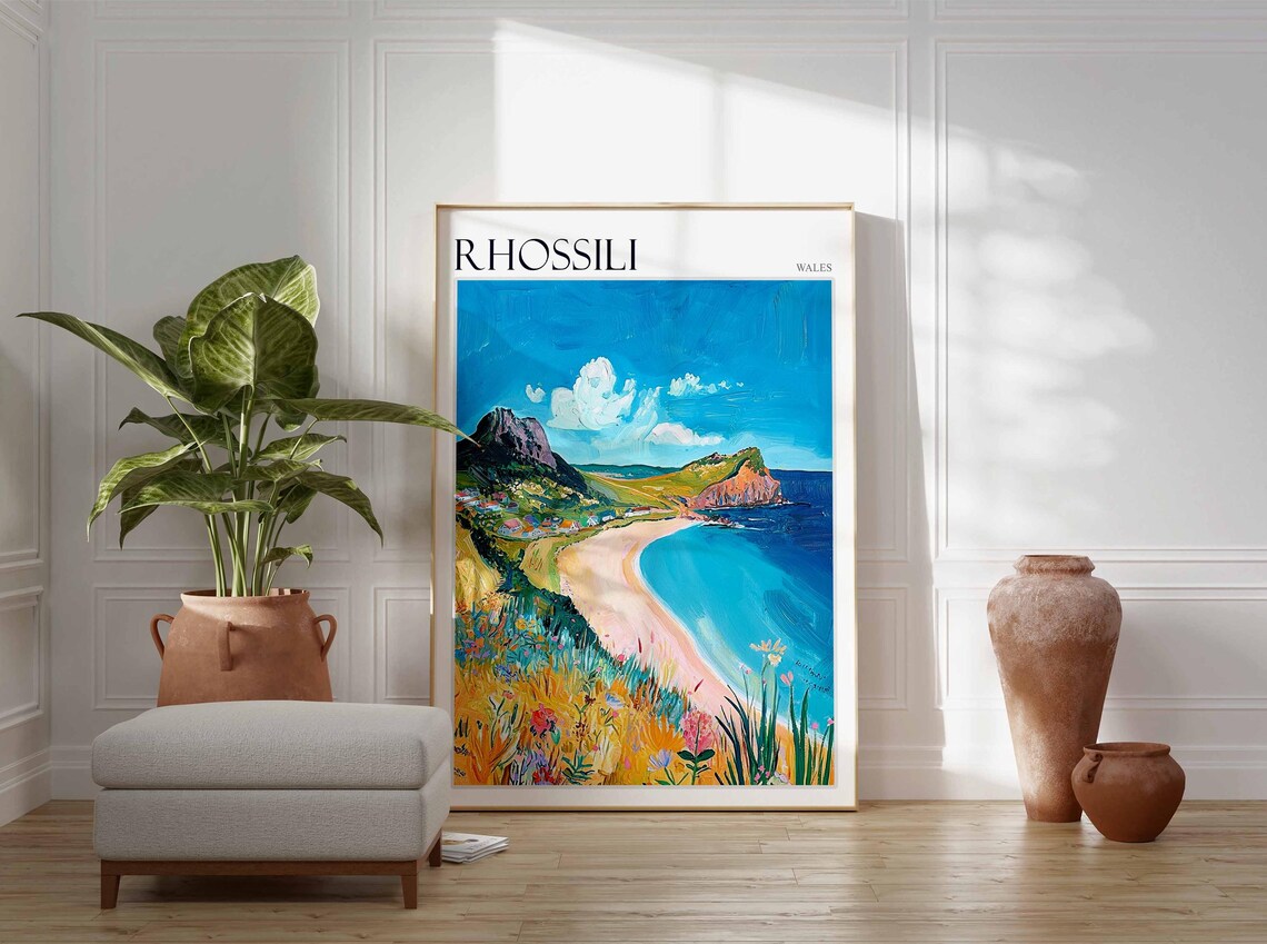 Rhossili Wales Sunlit Bay Headland Wildflower Hill Painting Poster - Image 4