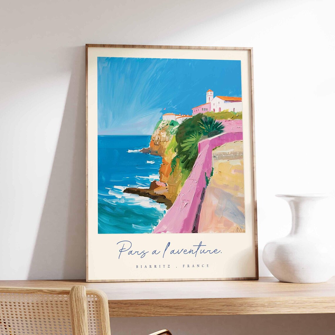 Biarritz France Pink Chapel Cliffs Coast Adventure Travel Poster