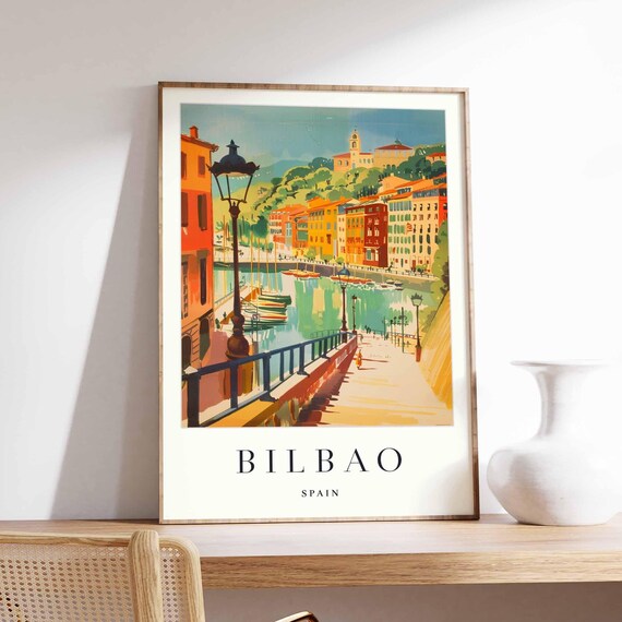 Bilbao Spain Colorful Waterfront Cityscape Vintage Travel Poster