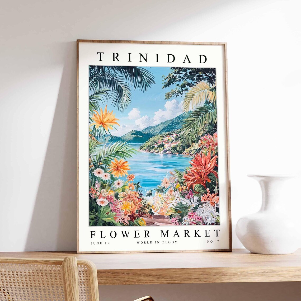 Trinidad Flower Market Orange Blossom Road by Red Roof Houses Poster