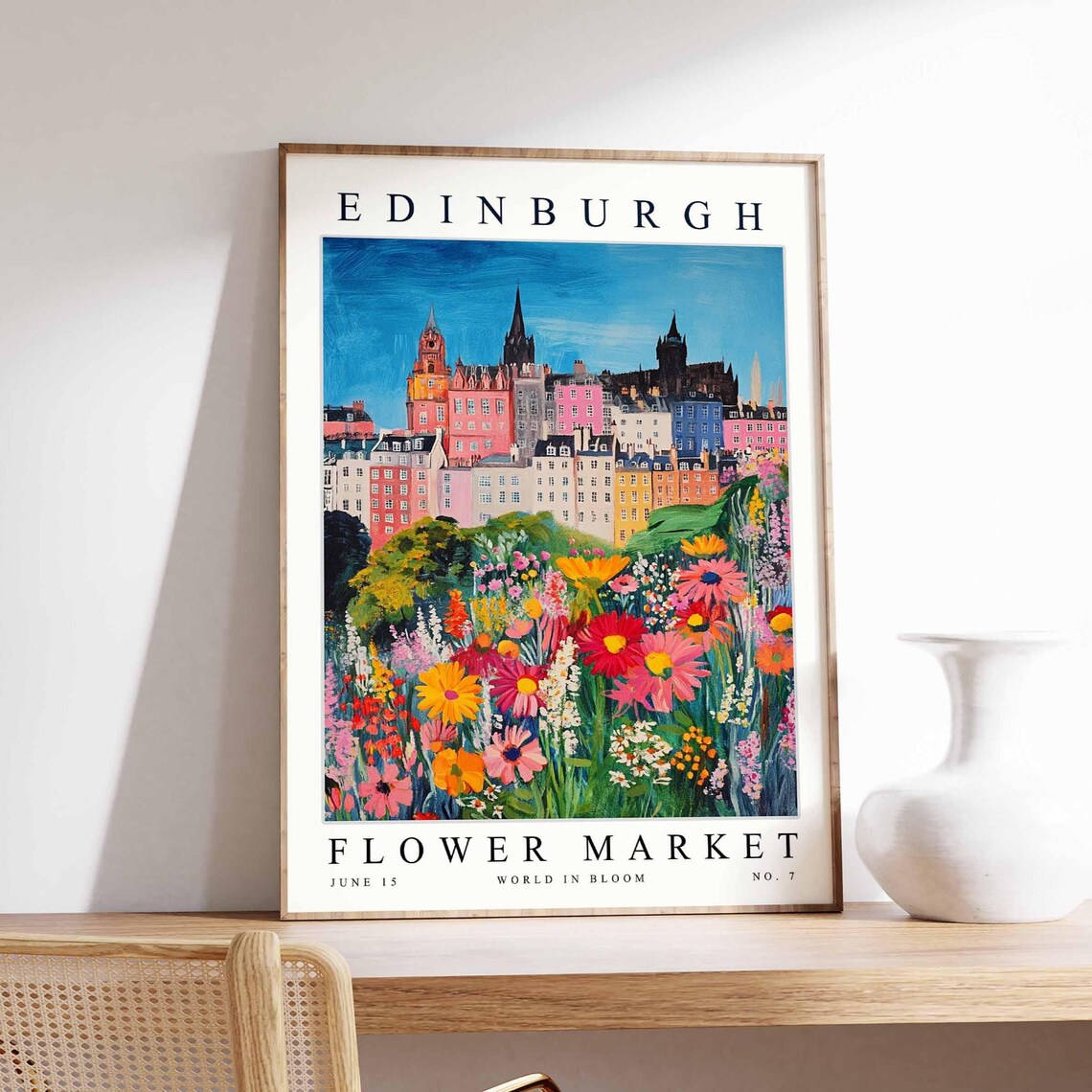 Edinburgh Flower Market Pastel Colorful Townhouse Street Poster