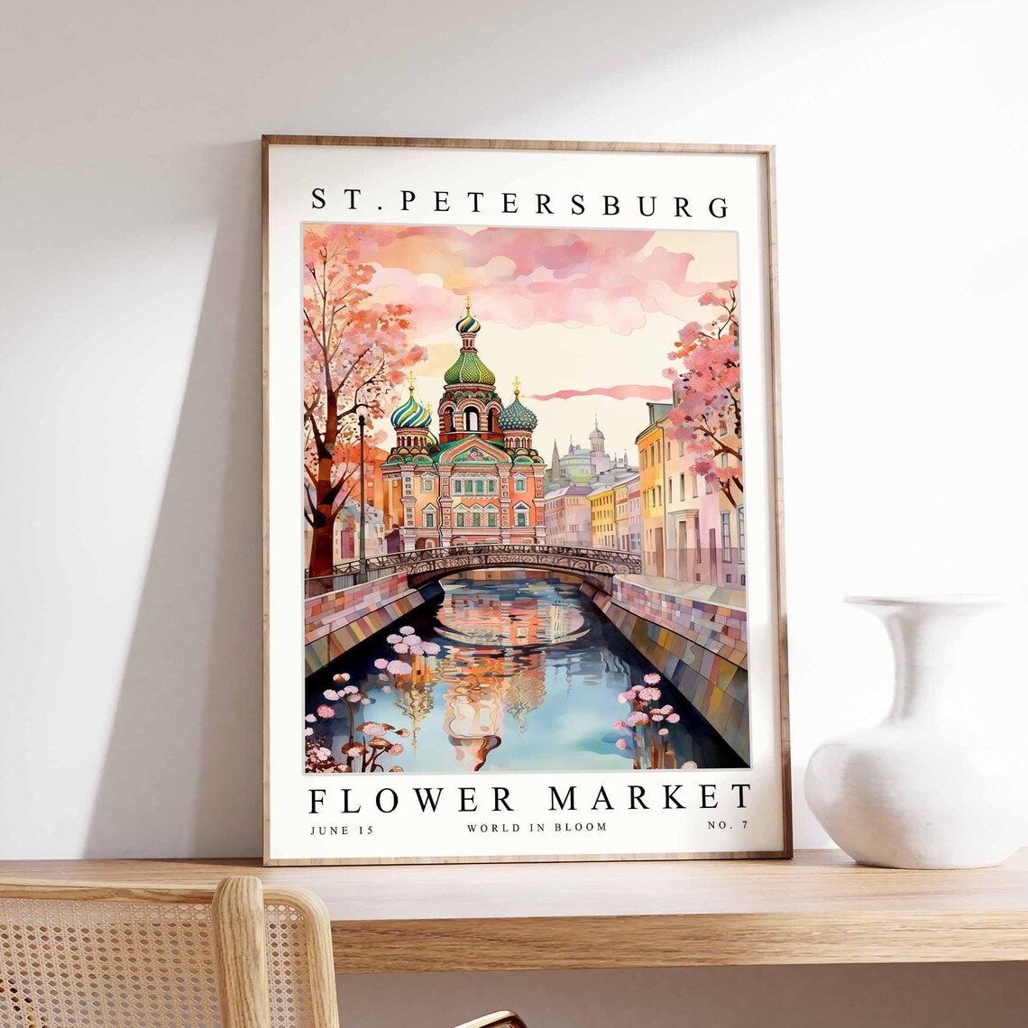 St. Petersburg Canal Church Bridge Cherry Blossom Art Poster