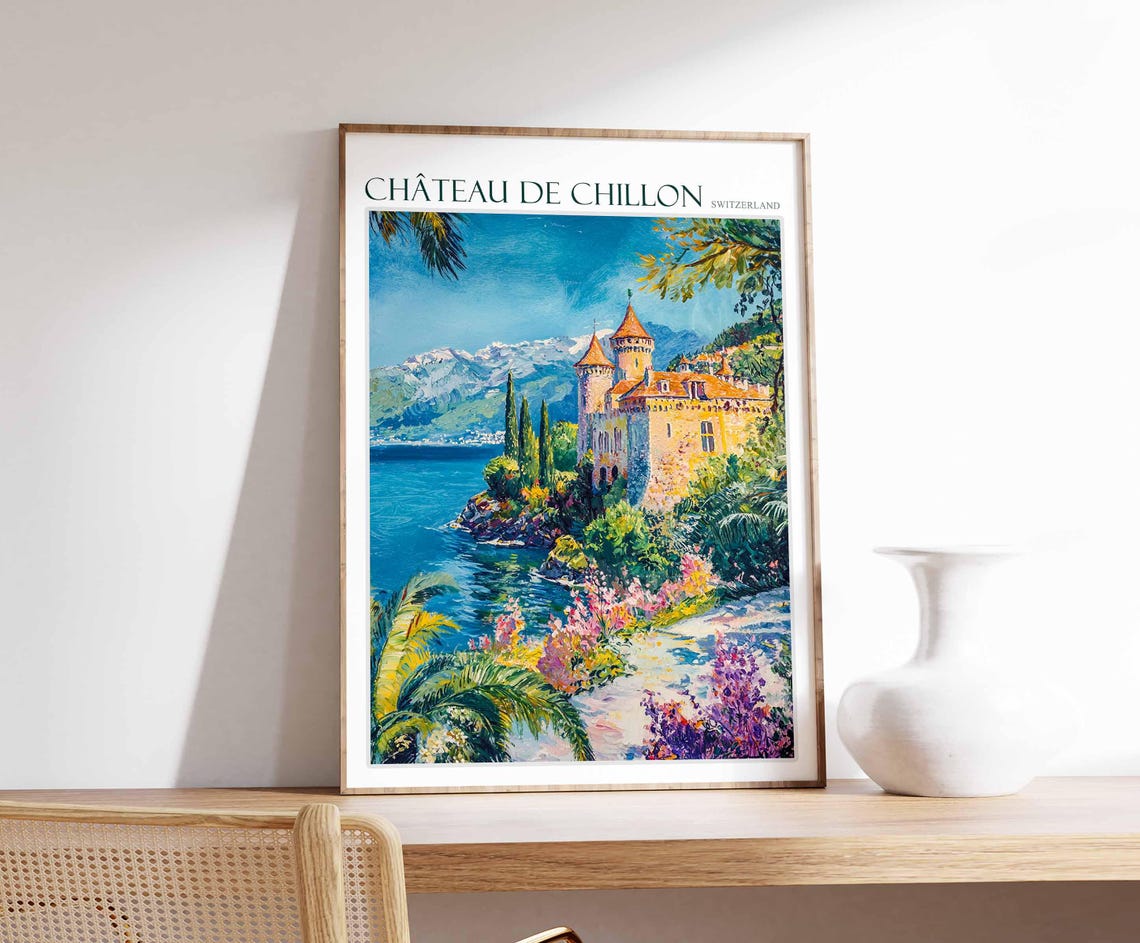 Chateau De Chillon Switzerland Lakeside Path Soft Pastel Travel Poster - Image 3