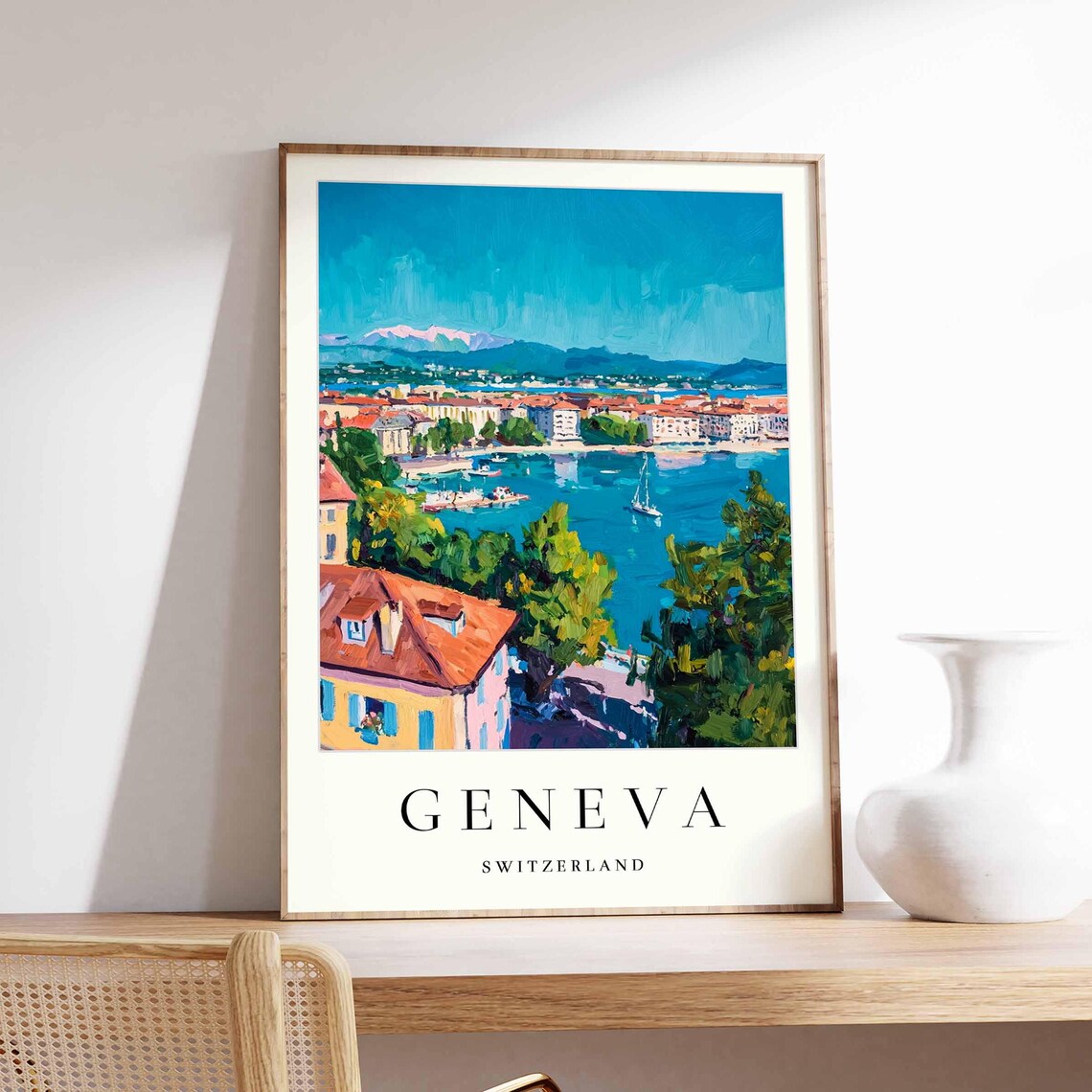 Geneva Switzerland Sailboat Bay Red Roof Alps Painted Travel Poster