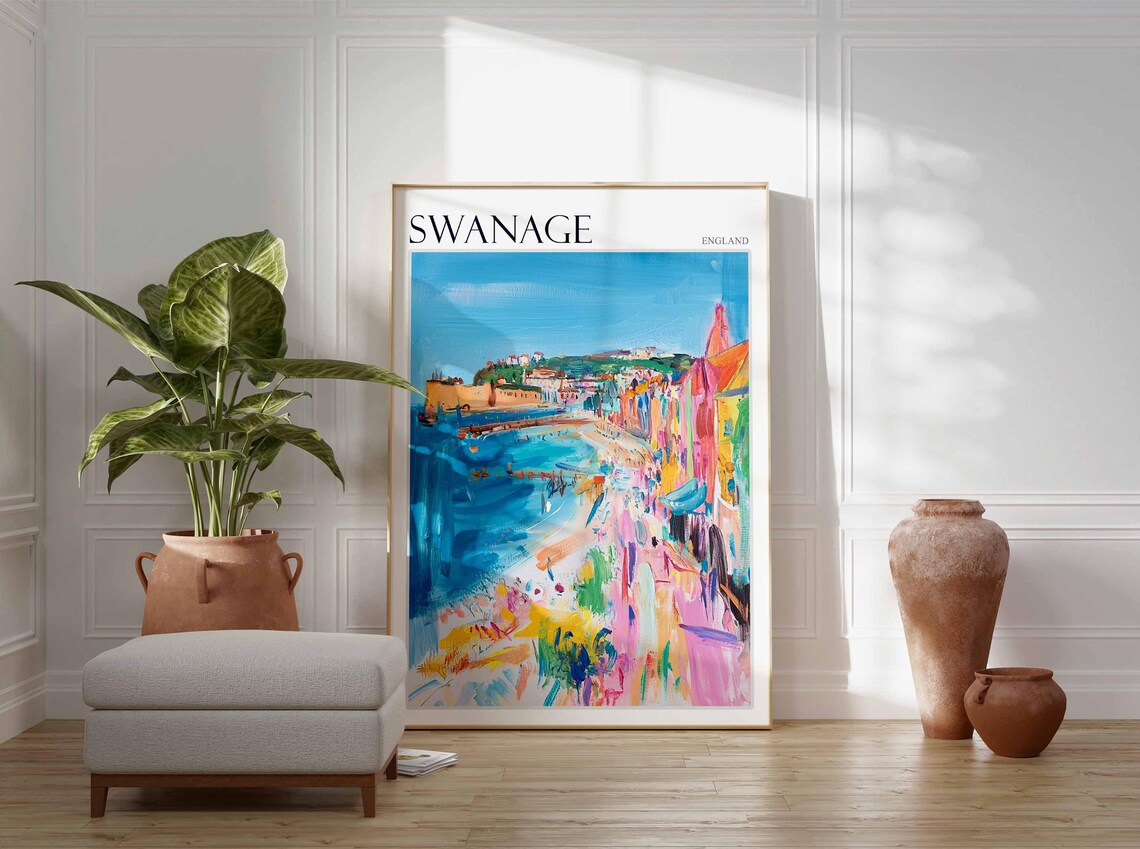 Swanage Pink Coast Painterly Abstract Seaside England Travel Poster - Image 2
