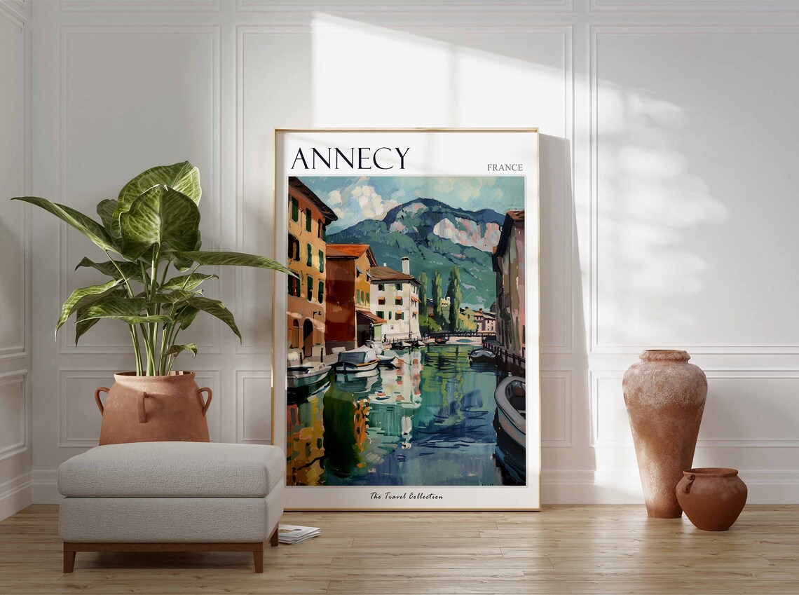 Annecy France Travel Poster Old Town Canal Boats Mountain View Art - Image 3
